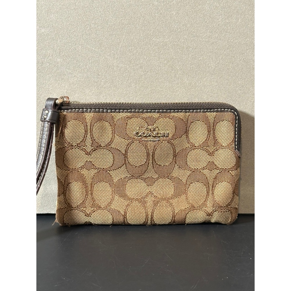 Coach Signature Jacquard Wristlet Khaki Brown‎ Small Wallet 6.25x4